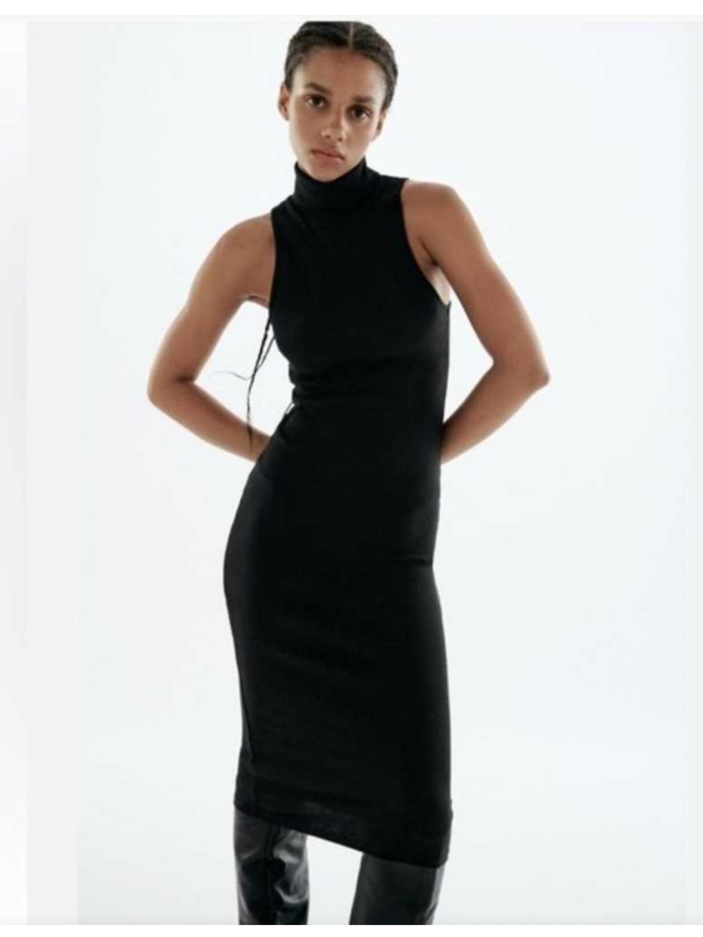 Zara Sleeveless Ribbed Black Turtleneck Midi Dress - L